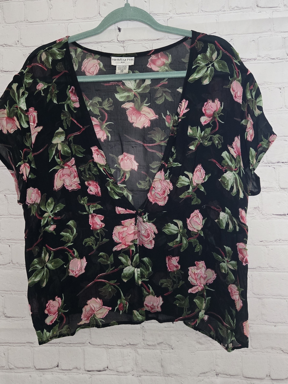 Paradise plus NY sheer black pink floral beaded open cardigan topper fairy 1X